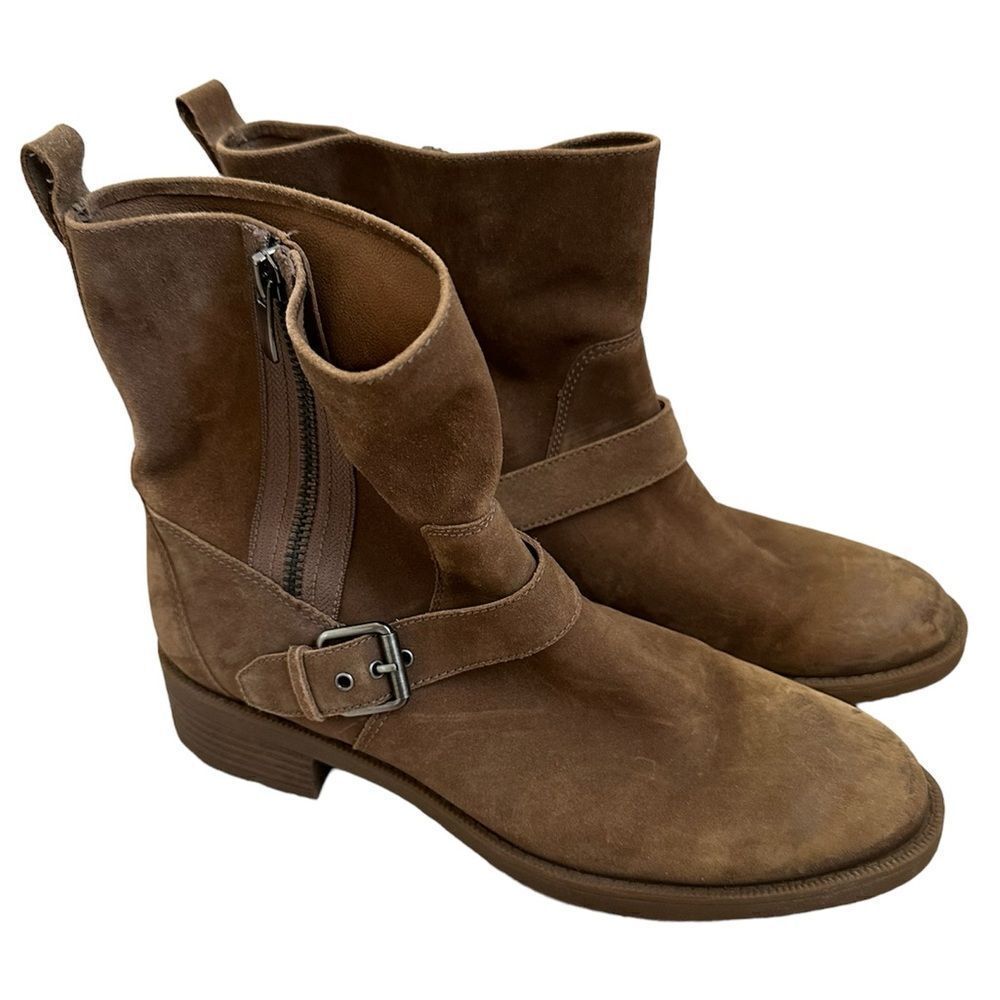 Nine West Hanzil Brown Taupe Distressed Suede Moto Zip Ankle Boots size 7 Womens
